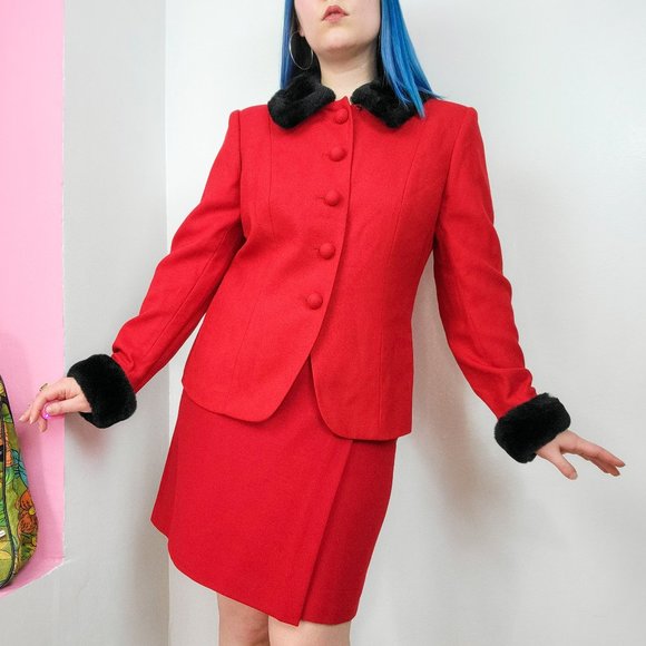 Vintage 90s Red & Black Faux Fur Trim Blazer Jacket - Picture 2 of 8